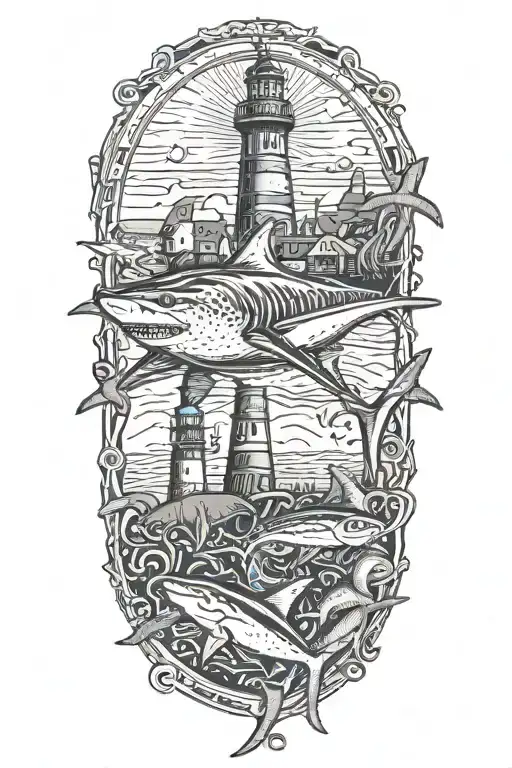shark with a lighthouse starfish crab octopus tattoo design idea