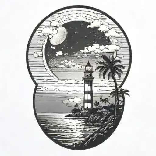 moon setting over the ocean black sky with palm trees dark in the foreground lighthouse in the background clouds in sky tattoo design idea