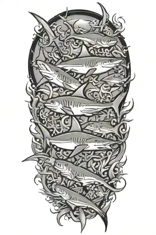 shark, starfish, crab and marlin under the sea tattoo design idea