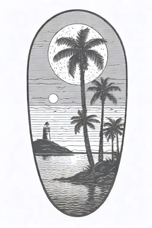 moon setting over the ocean black sky with palm trees dark in the foreground lighthouse in the background clouds in sky tattoo design idea