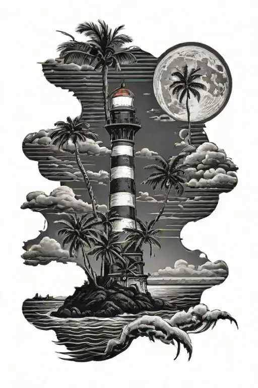 moon setting over the ocean black sky with palm trees dark in the foreground lighthouse in the background clouds in sky tattoo design idea