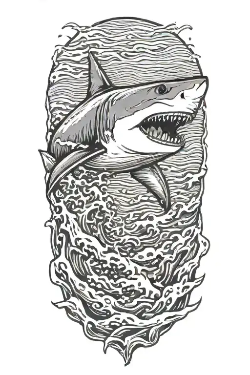 great white shark coming out of the waves mouth open tattoo design idea