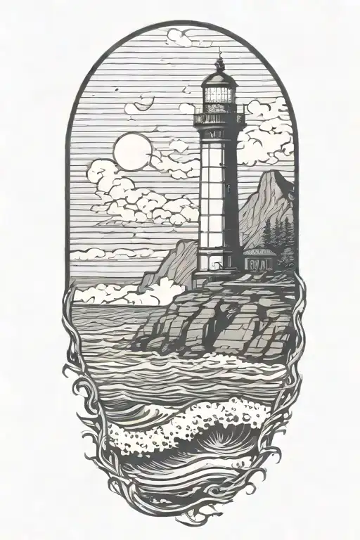 lighthouse at night under a crescent moon with waves crashing on the shore and halfdome in the background tattoo design idea