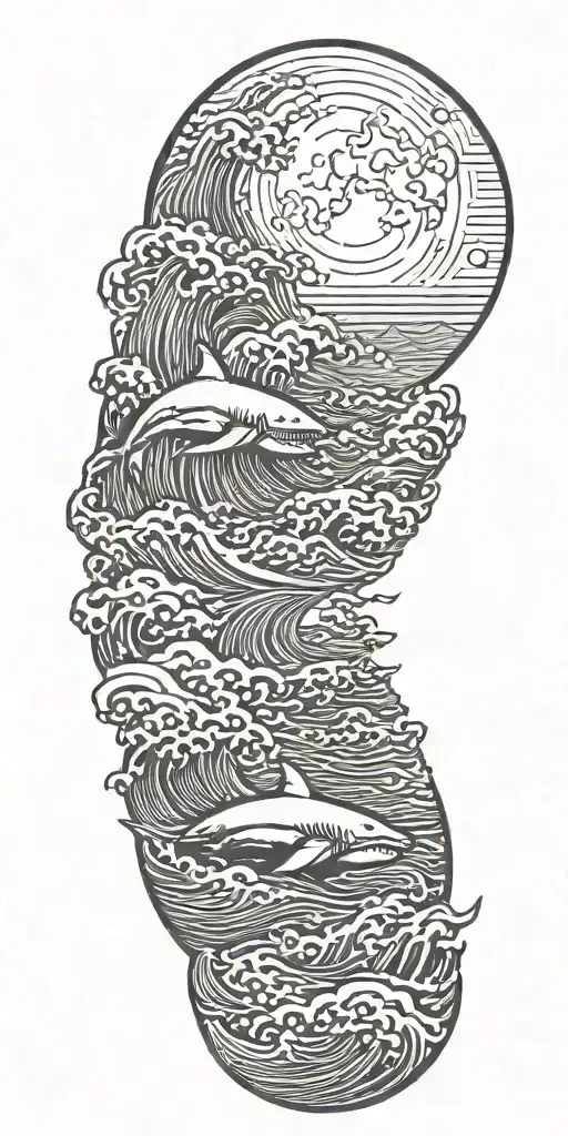 large waves crashing over clouds at night with a crescent moon and a great white shark tattoo design idea