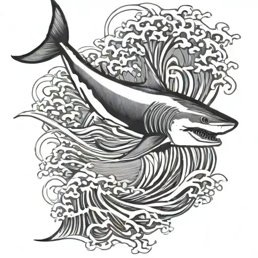 Japanese-style waves with a shark  intertwined within tattoo design idea