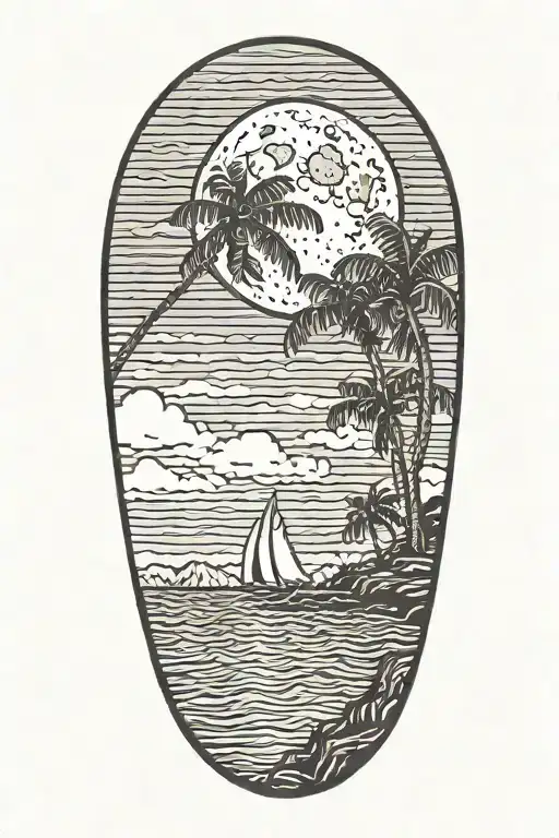 moon setting over the ocean with palm trees dark in the foreground tattoo design idea