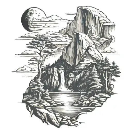 half dome with a river leading to the ocean with waves and a lighthouse tattoo design idea
