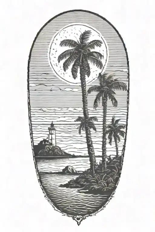 moon setting over the ocean with palm trees dark in the foreground with a lighthouse in the backgroun tattoo design idea