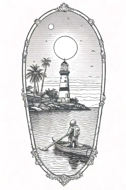 astronaut in a rowboat under a lighthouse at night with a crescent moon and palm trees tattoo design idea