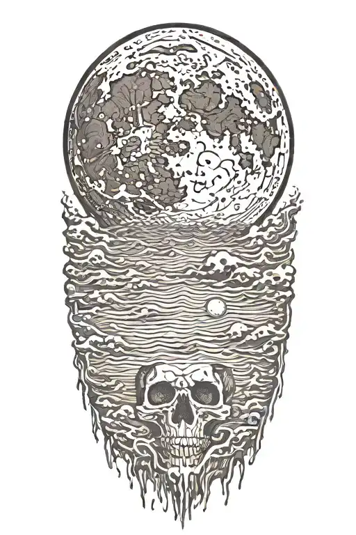 a full moon over the ocean, with obscured skull eyes in the moon as craters of the moon tattoo design idea