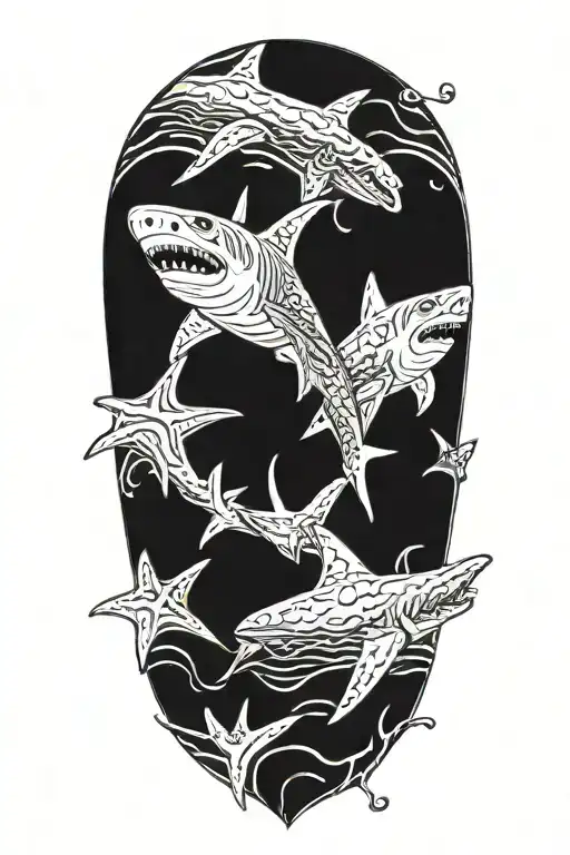 waves and shark starfish tattoo design idea