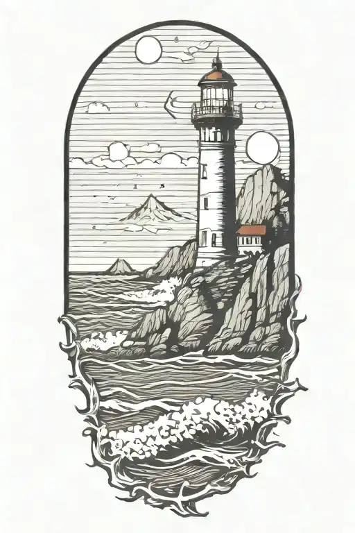 lighthouse at night under a crescent moon with waves crashing on the shore and halfdome in the background tattoo design idea