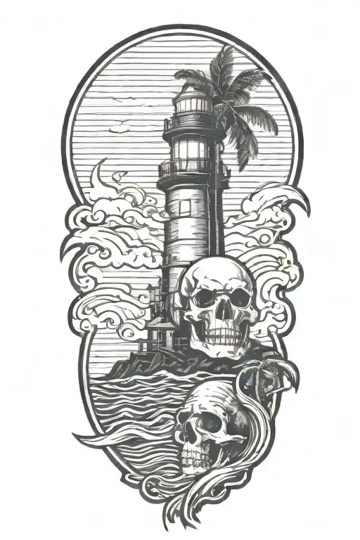 skull with lighthouse with waves crashing with palm tree tattoo design idea