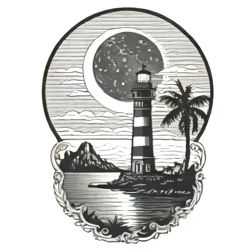 moon setting over the ocean black sky with palm trees dark in the foreground lighthouse in the background clouds in sky tattoo design idea