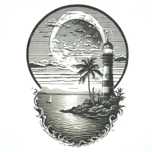 moon setting over the ocean black sky with palm trees dark in the foreground lighthouse in the background clouds in sky tattoo design idea