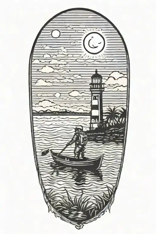 astronaut in a rowboat under a lighthouse at night with a crescent moon and palm trees tattoo design idea