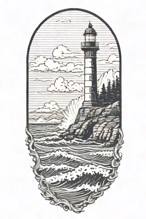 lighthouse on the shore with waves crashing on it with halfdome in the background tattoo design idea