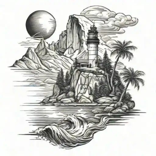 half dome with a river leading to the ocean with waves and a lighthouse and palm trees tattoo design idea