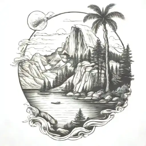 half dome with a river leading to the ocean with waves and a lighthouse and palm trees tattoo design idea