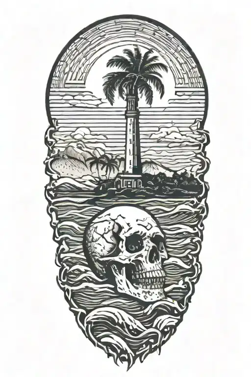 skull with lighthouse with waves crashing with palm tree at night with crescent moon and maoa kea in the background tattoo design idea
