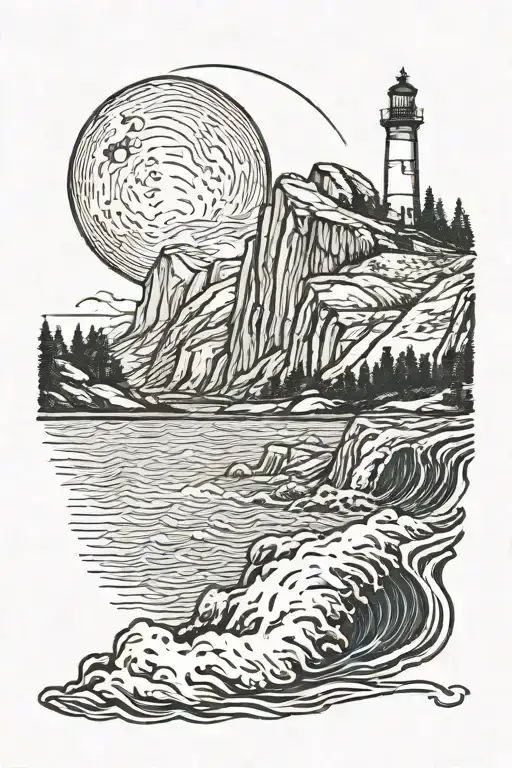 merced river flowing from half dome into waves crashing ocean with lighthouse on the shore with dark moon over half dome tattoo design idea