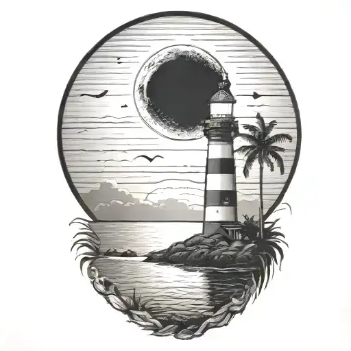 moon setting over the ocean black sky with palm trees dark in the foreground lighthouse in the background clouds in sky tattoo design idea
