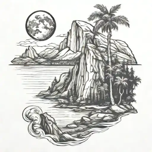 half dome with a river leading to the ocean with waves and a lighthouse and palm trees tattoo design idea