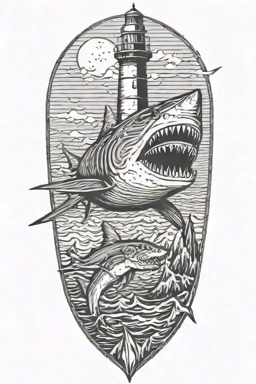 shark with a lighthouse in its mouth tattoo design idea