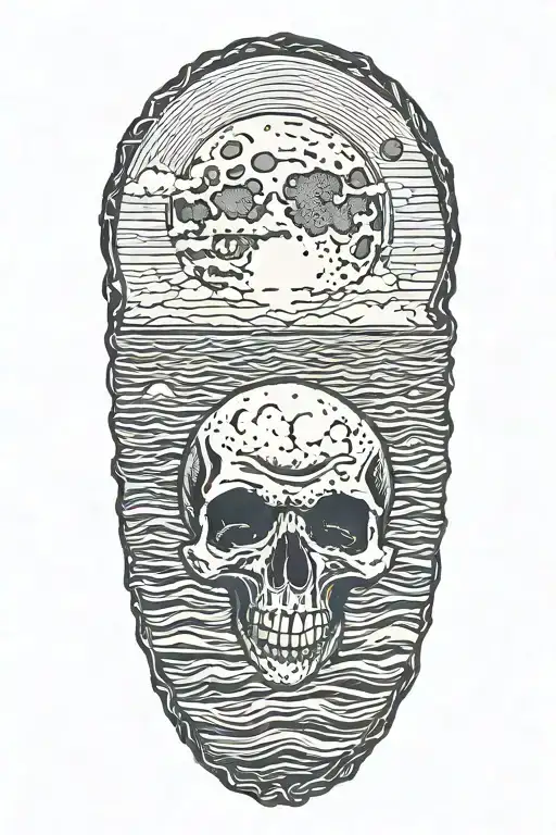 full moon with skull eyes in it over the ocean tattoo design idea