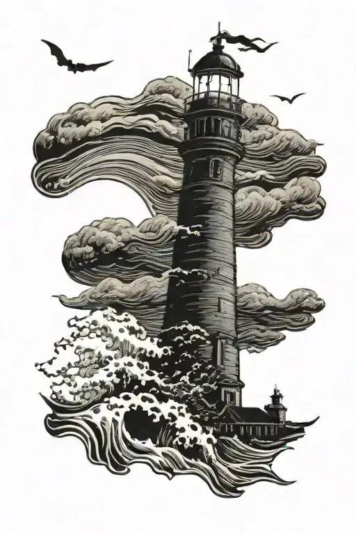 waves crashing on lighthouse crescent moon in background with lightning storm coming in tattoo design idea