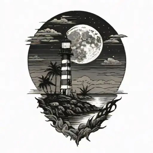 moon setting over the ocean black sky with palm trees dark in the foreground lighthouse in the background clouds in sky tattoo design idea