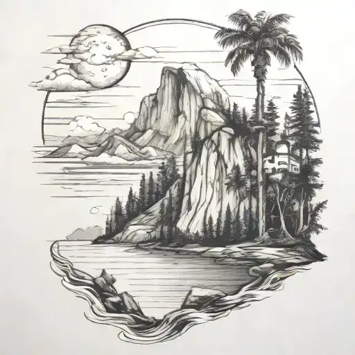 half dome with a river leading to the ocean with waves a lighthouse and palm trees and a crescent moon tattoo design idea