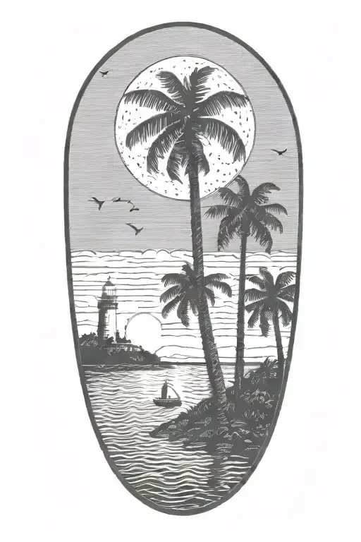 moon setting over the ocean in a dark sky with palm trees dark in the foreground with a lighthouse in the background tattoo design idea