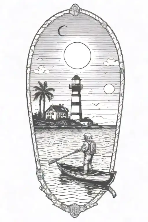 astronaut with a trident in a rowboat under a lighthouse at night with a crescent moon and palm trees tattoo design idea