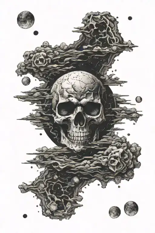 dark skull eyes and nose obscure in the moon's craters tattoo design idea