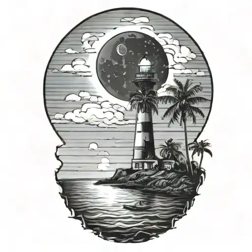 moon setting over the ocean black sky with palm trees dark in the foreground lighthouse in the background clouds in sky tattoo design idea