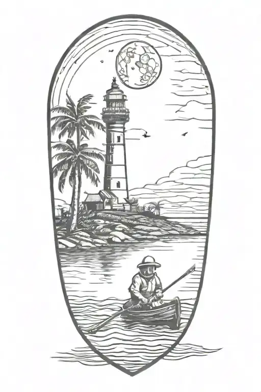 astronaut in a rowboat under a lighthouse at night with a crescent moon and palm trees tattoo design idea