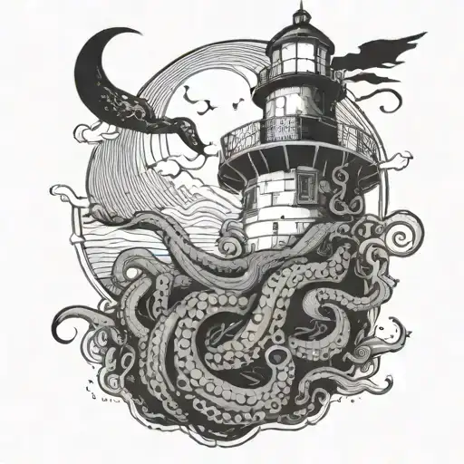 a large octopus wrapping around a lighthouse at night with a crescent moon tattoo design idea
