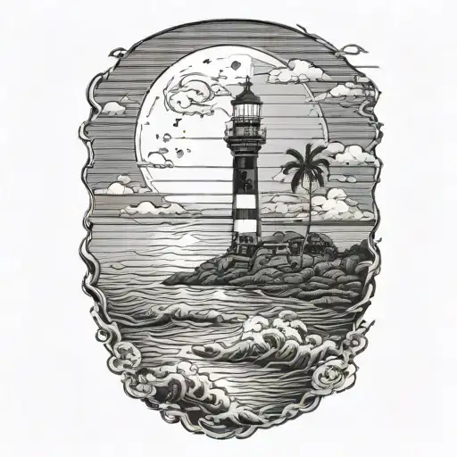 moon setting over the ocean black sky with palm trees dark in the foreground lighthouse in the background clouds in sky tattoo design idea