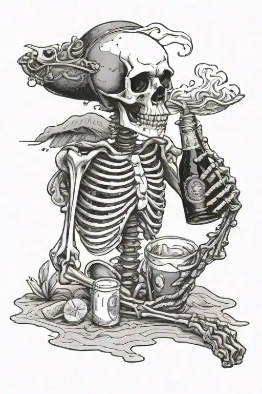 skeleton drinking a corona on the beach tattoo design idea