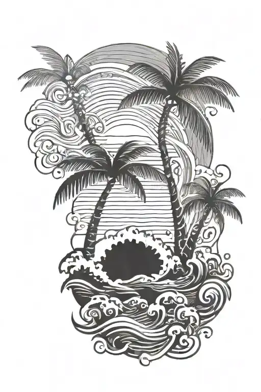 waves and palm tree tattoo design idea