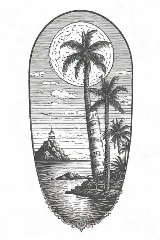 moon setting over the ocean black sky with palm trees dark in the foreground lighthouse in the background clouds in sky tattoo design idea