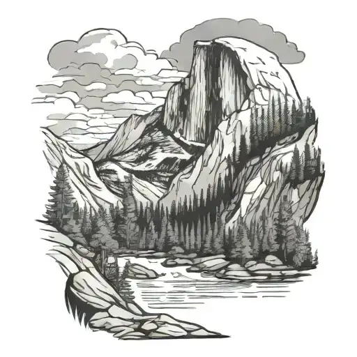 half dome in the foreground with a raging river below  tattoo design idea