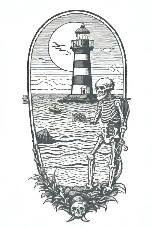 skeleton on the beach drinking a beer under a lighthouse looking at the crescent moon tattoo design idea