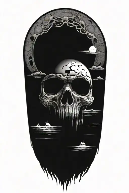 full moon with skull eyes in it over the ocean tattoo design idea
