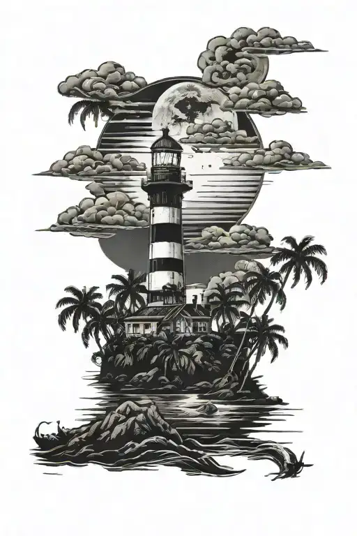 moon setting over the ocean black sky with palm trees dark in the foreground lighthouse in the background clouds in sky tattoo design idea