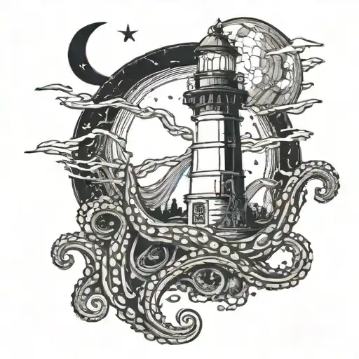 a large octopus wrapping around a lighthouse at night with a crescent moon tattoo design idea
