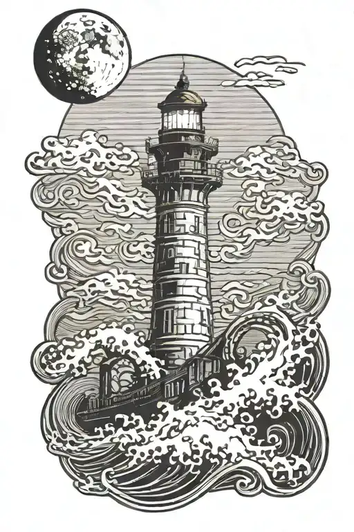 large waves crashing over lighthouse with octopus arms and a moon in the background tattoo design idea