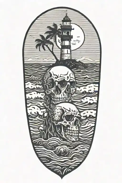 skull with lighthouse with waves crashing with palm tree at night with crescent moon and maoa kea in the background tattoo design idea