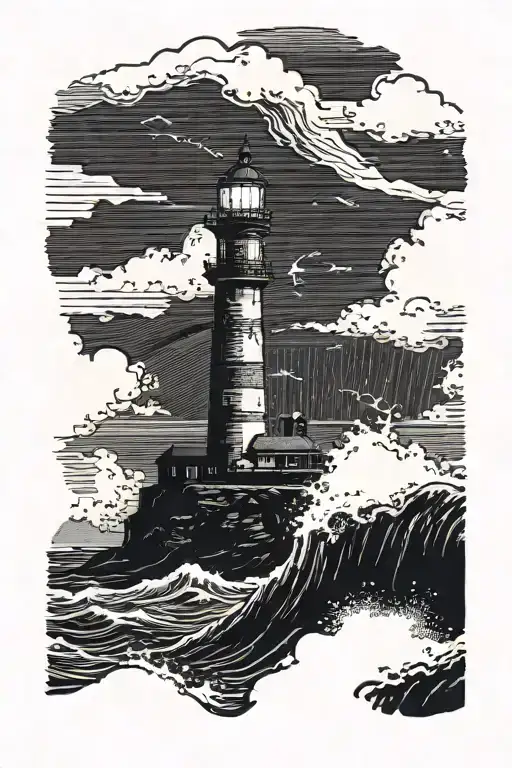 waves crashing on lighthouse crescent moon in background with lightning storm coming in tattoo design idea